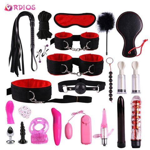 VRDIOS Lots Sex Toys for Women Men Handcuffs Nipple Clamps Whip Sexy Anal Plug Butt BDSM Vibrator Bondage Set Adult Product Kit