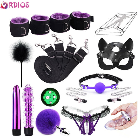 VRDIOS  Erotic Toy Handcuffs For Sex Gag Tail Plug Women BDSM Bondage Set Under Bed Slave Sex Toys For Couple Nipple Clamps Toy